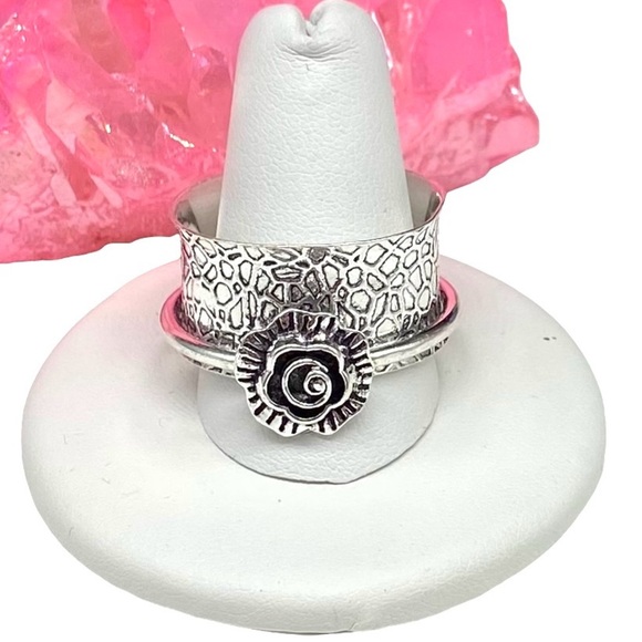 Rose Flower Spinner Meditation Band Ring Size 12 Sterling Silver 925 Overlay - Picture 1 of 6